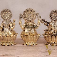 Superfine Brass Ganesh Lakshmi Saraswati Idols - 8" Tall, Set of 3