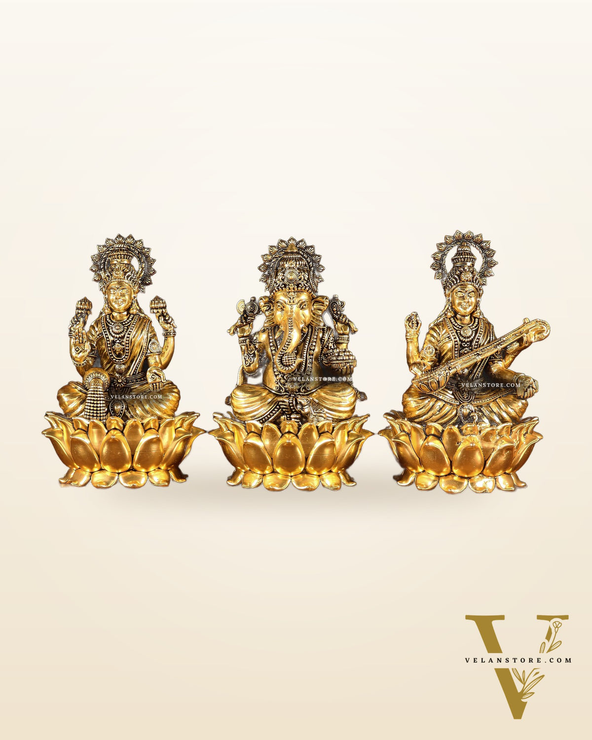 Superfine Brass Ganesh Lakshmi Saraswati Set | 6" (15.24 cm) Lotus Idols – Gold Finish
