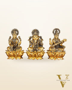 Superfine Brass Ganesh Lakshmi Saraswati Set | 6" (15.24 cm) Lotus Idols – Gold Finish