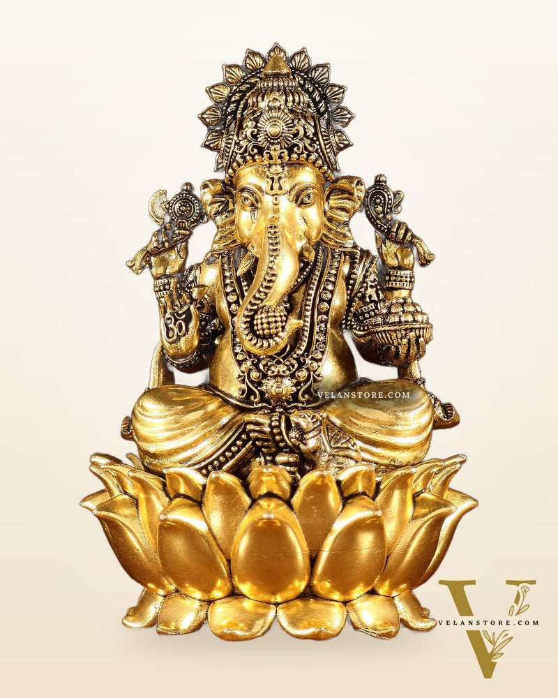 Superfine Brass Ganesh Lakshmi Saraswati Set | 6" (15.24 cm) Lotus Idols – Gold Finish