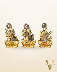 Superfine Brass Ganesh Lakshmi Saraswati Set | 6" (15.24 cm) Lotus Idols – Gold Finish