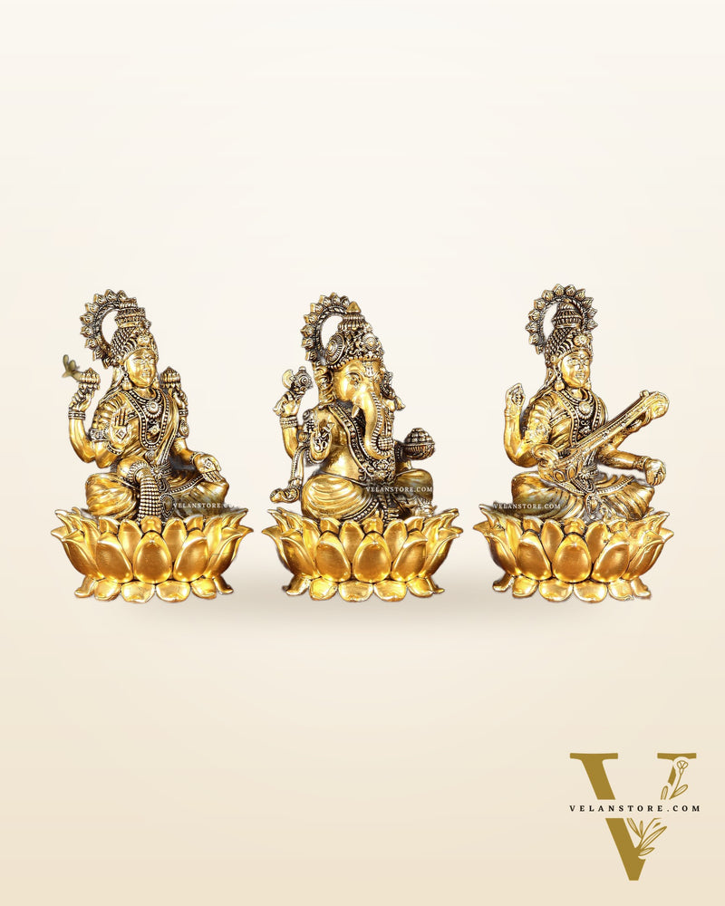 Superfine Brass Ganesh Lakshmi Saraswati Set | 6" (15.24 cm) Lotus Idols – Gold Finish