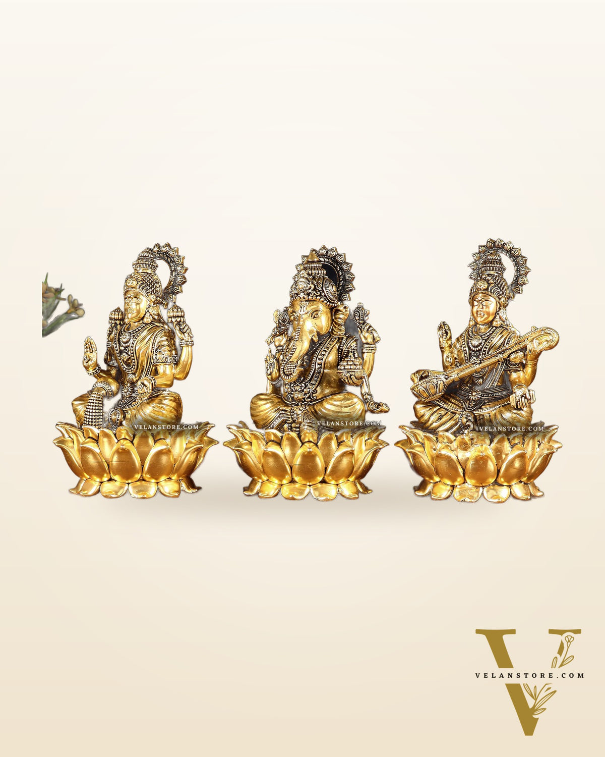 Superfine Brass Ganesh Lakshmi Saraswati Set | 6" (15.24 cm) Lotus Idols – Gold Finish