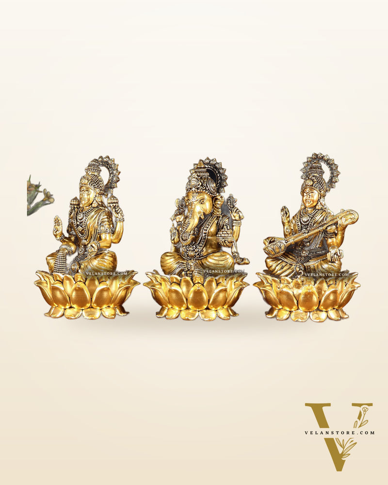 Superfine Brass Ganesh Lakshmi Saraswati Set | 6" (15.24 cm) Lotus Idols – Gold Finish