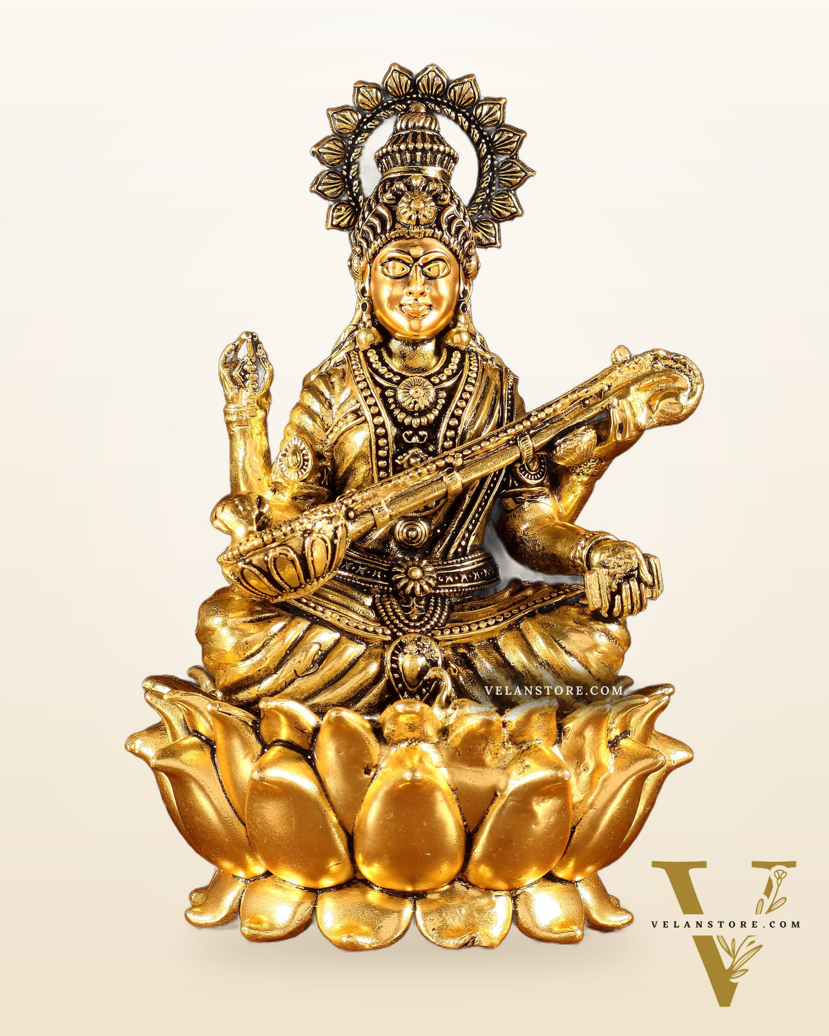Superfine Brass Ganesh Lakshmi Saraswati Set | 6" (15.24 cm) Lotus Idols – Gold Finish