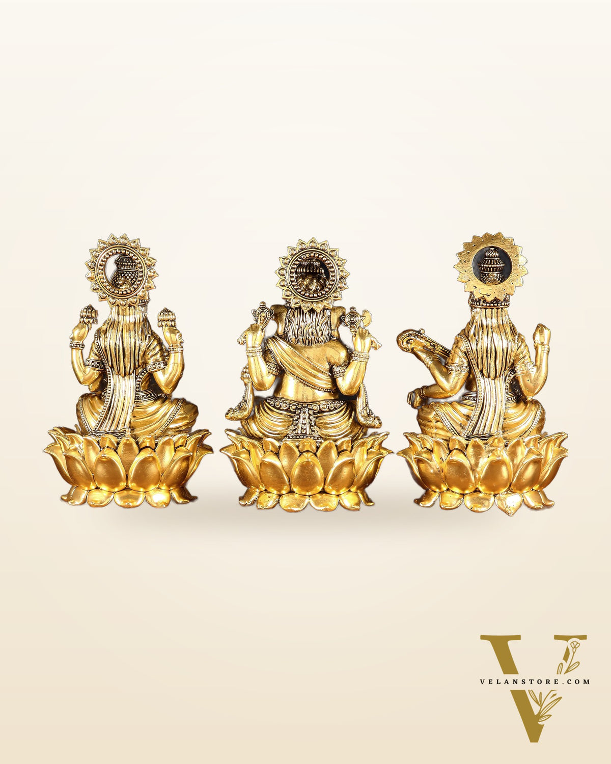 Superfine Brass Ganesh Lakshmi Saraswati Set | 6" (15.24 cm) Lotus Idols – Gold Finish