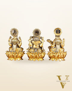Superfine Brass Ganesh Lakshmi Saraswati Set | 6" (15.24 cm) Lotus Idols – Gold Finish