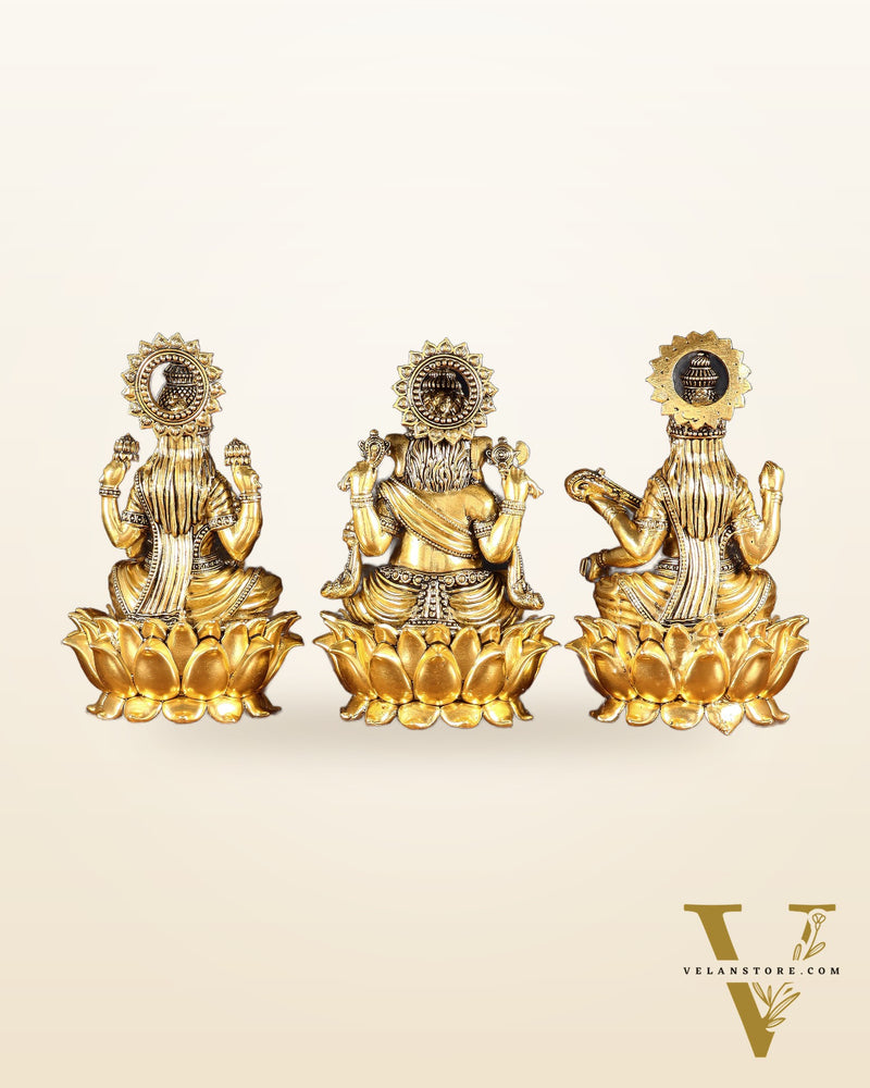 Superfine Brass Ganesh Lakshmi Saraswati Set | 6" (15.24 cm) Lotus Idols – Gold Finish