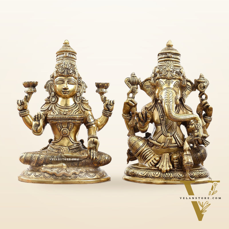Superfine Brass Ganesha and Lakshmi Idol Statue Murti - 11 inch
