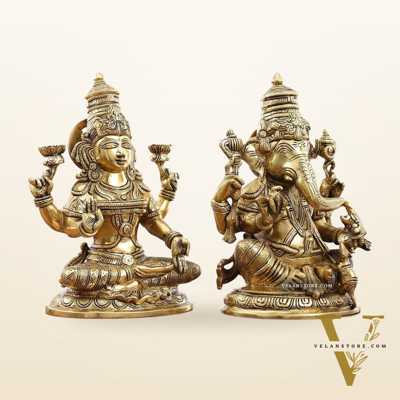 Superfine Brass Ganesha and Lakshmi Idol Statue Murti - 11 inch