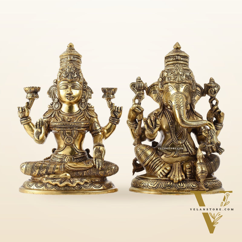 Superfine Brass Ganesha and Lakshmi Idol Statue Murti - 11 inch