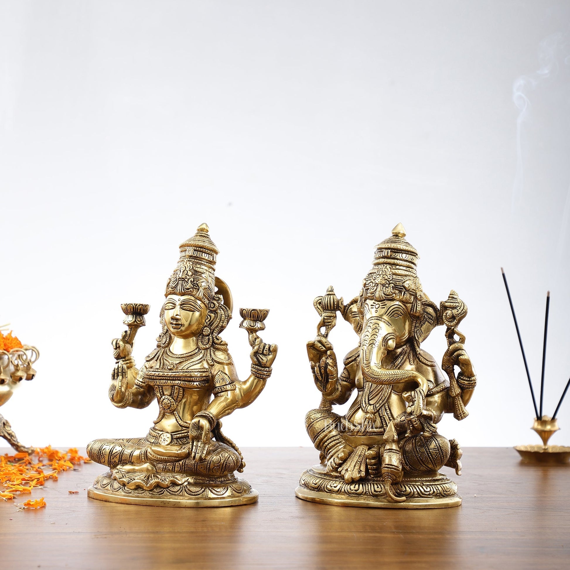 Superfine Brass Ganesha and Lakshmi Idol Statue Murti - 11 inch