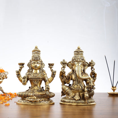 Superfine Brass Ganesha and Lakshmi Idol Statue Murti - 11 inch
