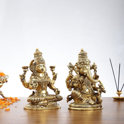 Superfine Brass Ganesha and Lakshmi Idol Statue Murti - 11 inch