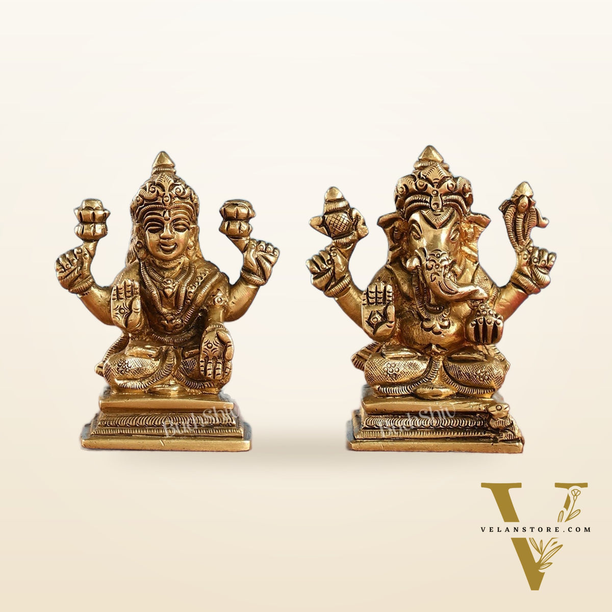 Superfine Brass Ganesha and Lakshmi Idols Pair | Height 3.5 inch