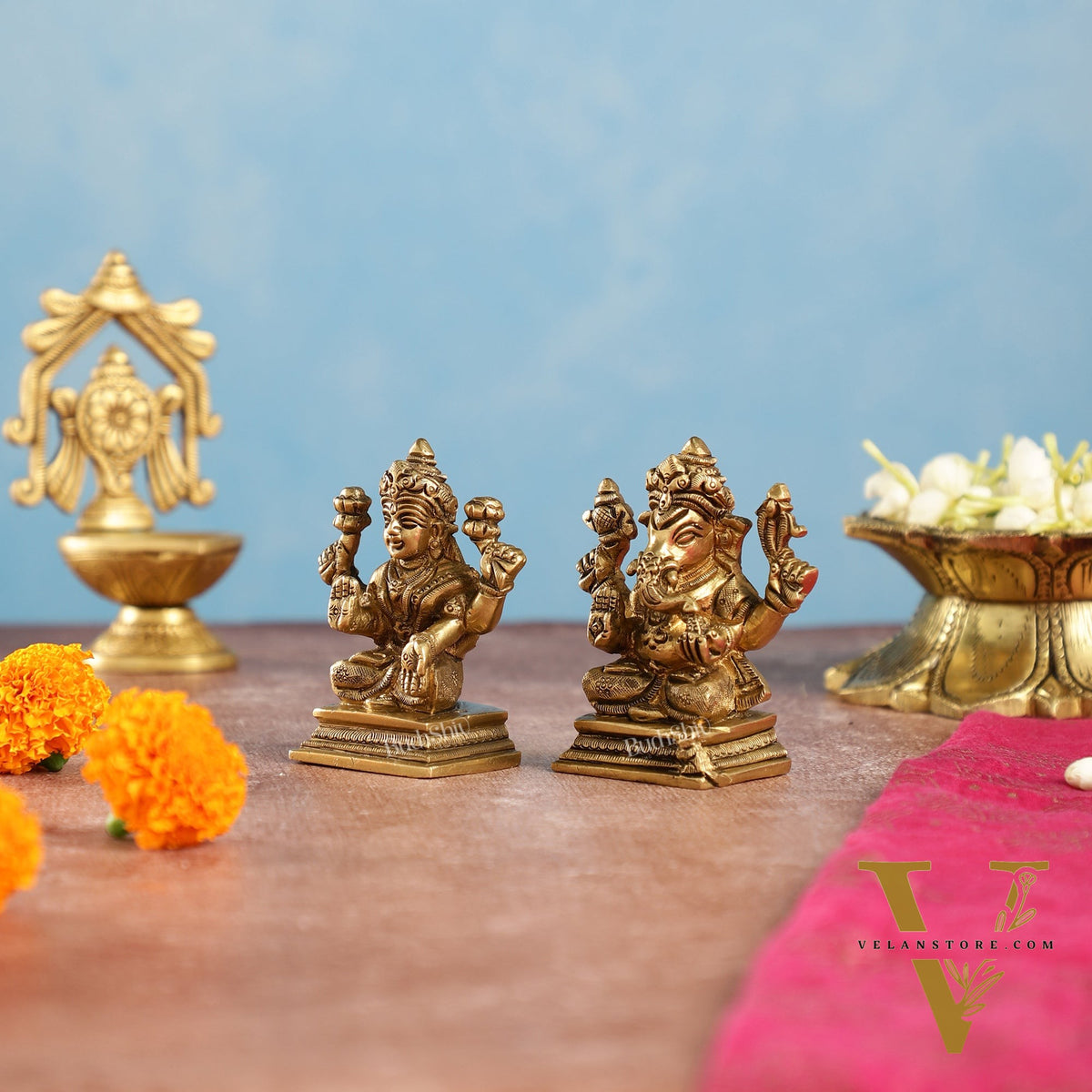 Superfine Brass Ganesha and Lakshmi Idols Pair | Height 3.5 inch