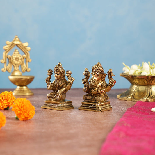 Superfine Brass Ganesha and Lakshmi Idols Pair | Height 3.5 inch
