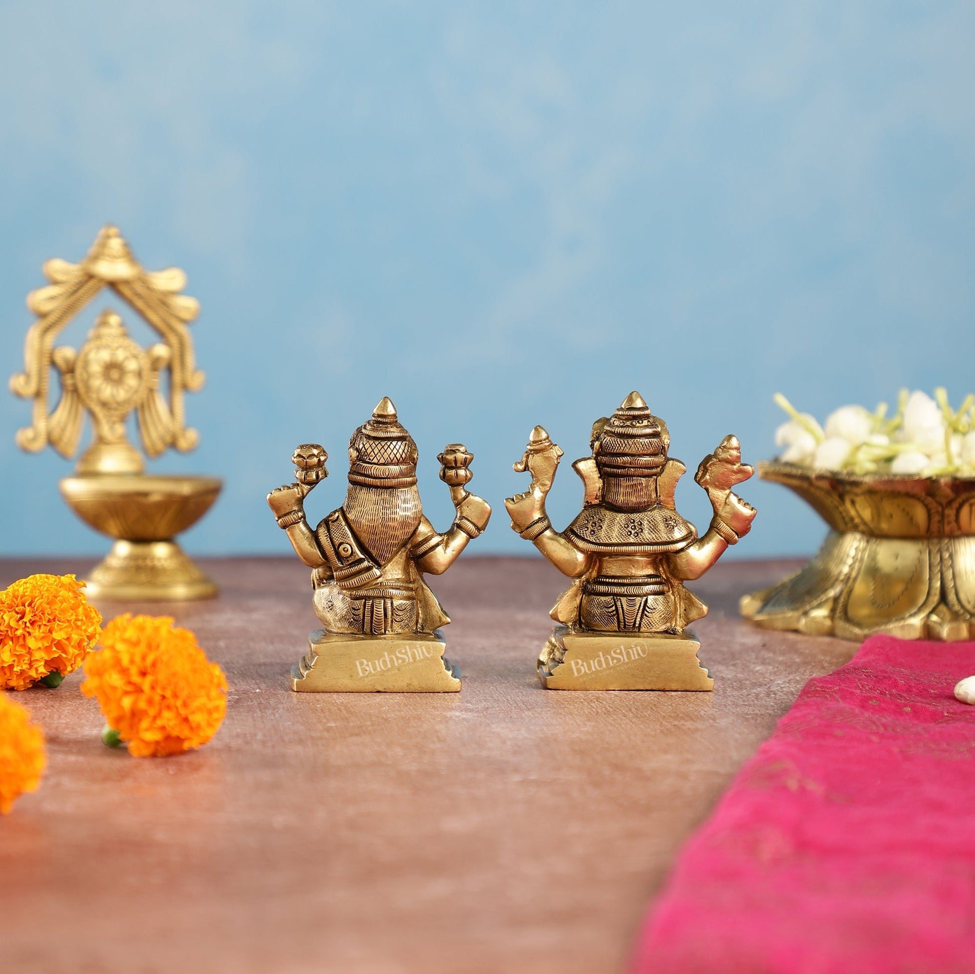 Superfine Brass Ganesha and Lakshmi Idols Pair | Height 3.5 inch