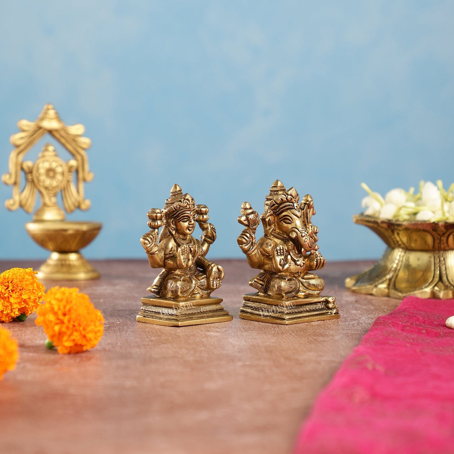 Superfine Brass Ganesha and Lakshmi Idols Pair | Height 3.5 inch