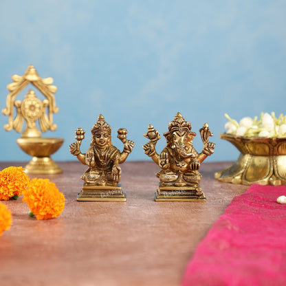 Superfine Brass Ganesha and Lakshmi Idols Pair | Height 3.5 inch