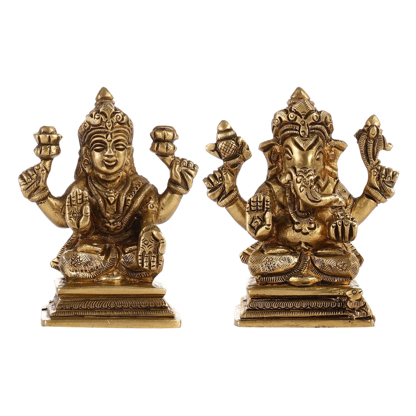 Superfine Brass Ganesha and Lakshmi Idols Pair | Height 3.5 inch