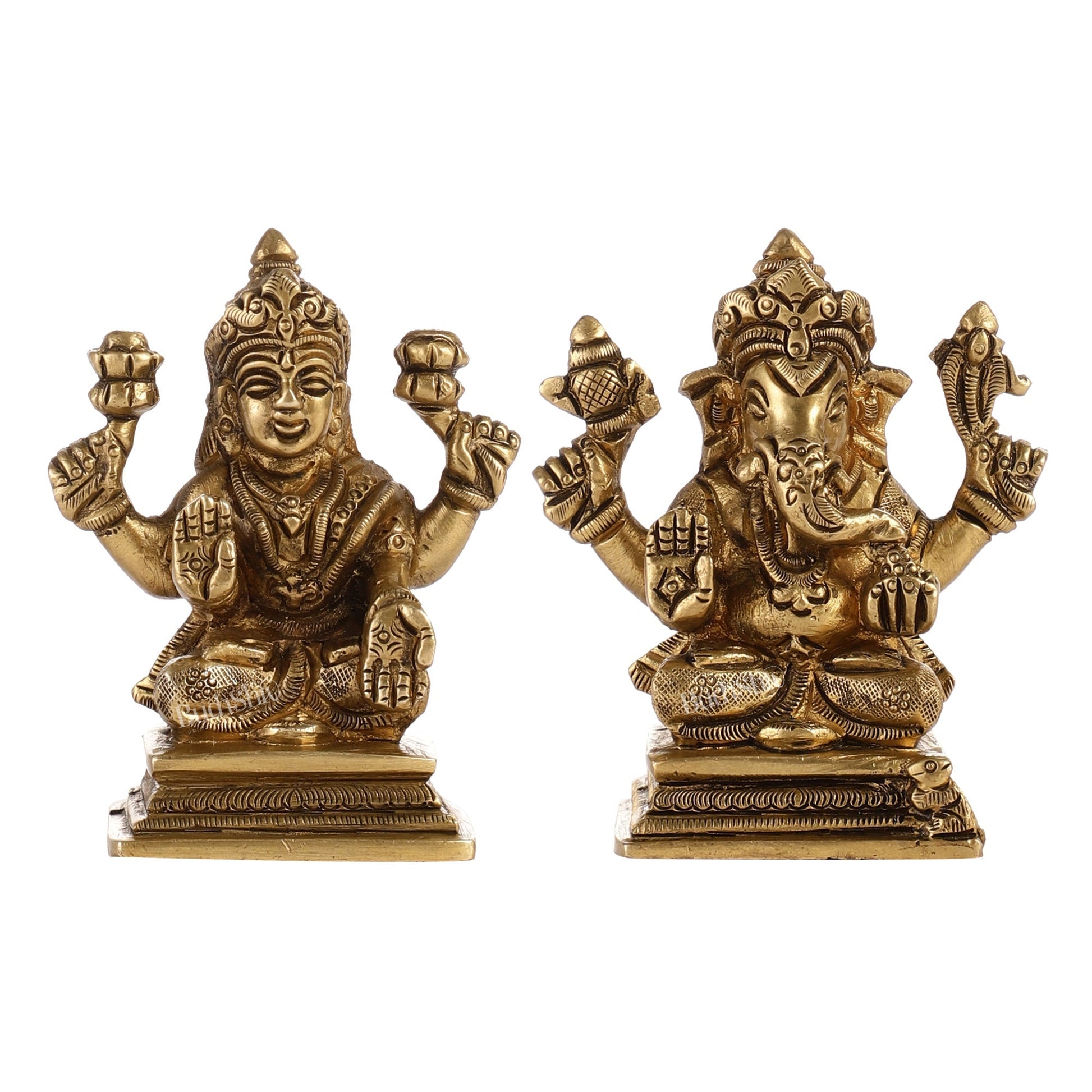 Superfine Brass Ganesha and Lakshmi Idols Pair | Height 3.5 inch