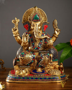 Superfine Brass Ganesha Idol with Spectacular Stonework - 13 Inch