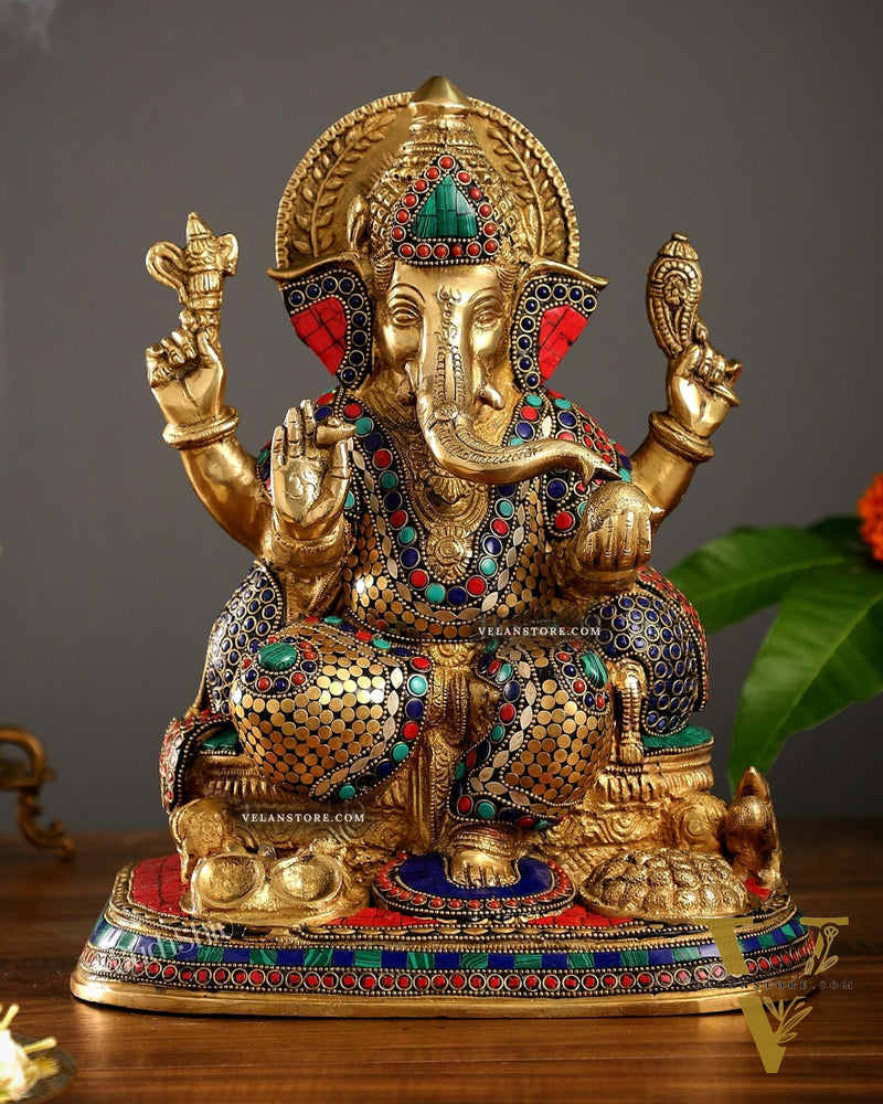 Superfine Brass Ganesha Idol with Spectacular Stonework - 13 Inch
