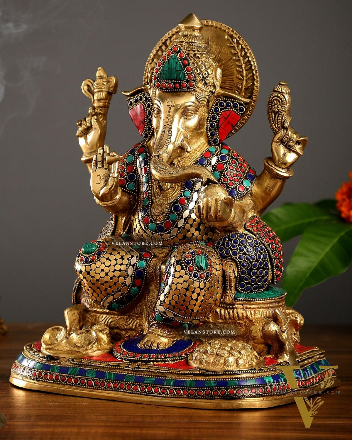 Superfine Brass Ganesha Idol with Spectacular Stonework - 13 Inch