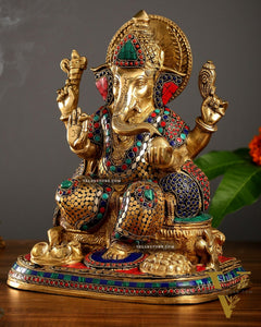 Superfine Brass Ganesha Idol with Spectacular Stonework - 13 Inch