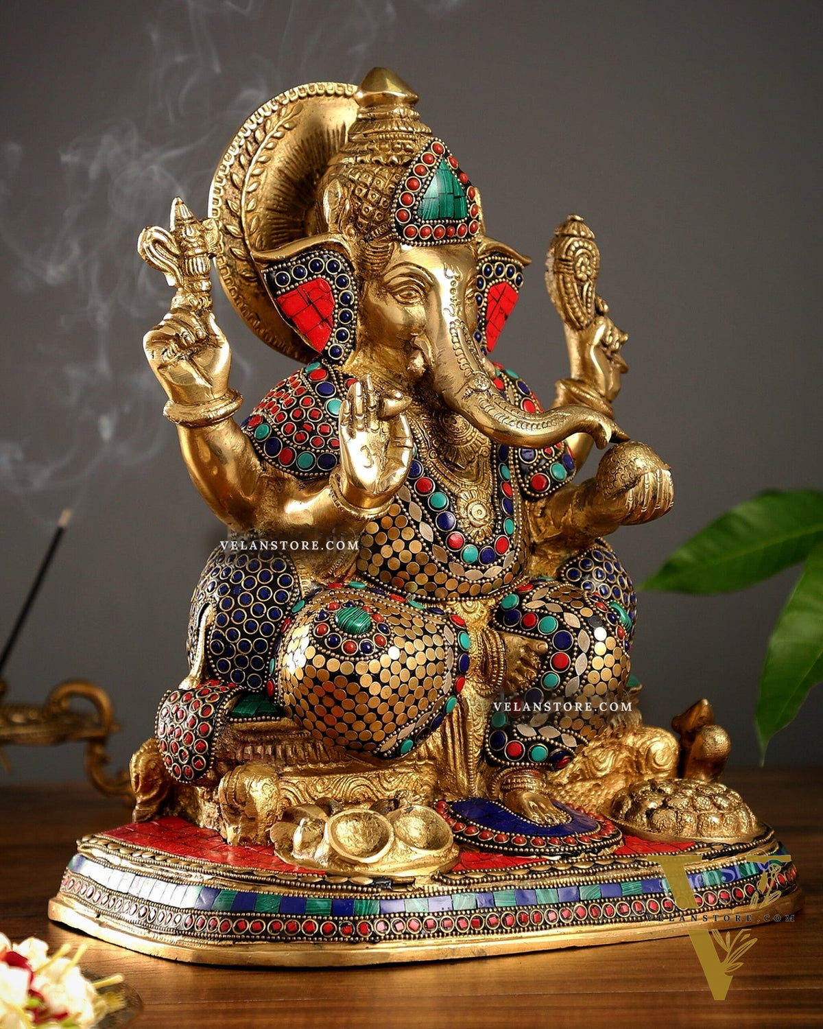 Superfine Brass Ganesha Idol with Spectacular Stonework - 13 Inch