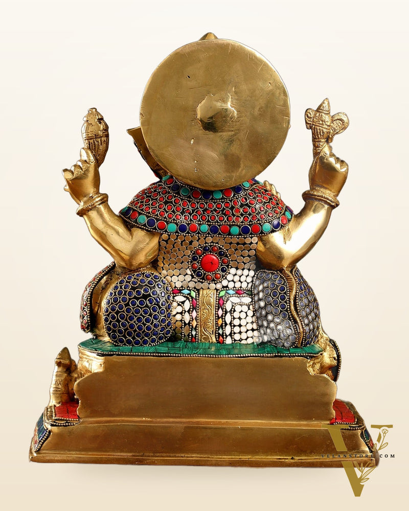 Superfine Brass Ganesha Idol with Spectacular Stonework - 13 Inch