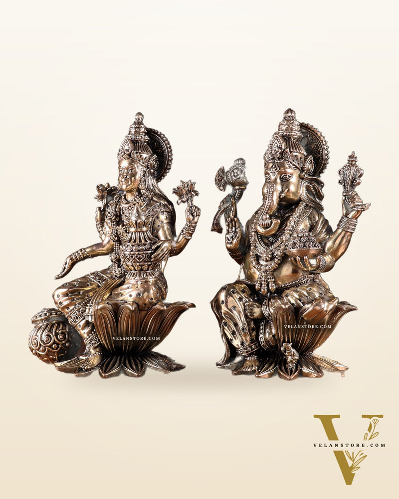 Superfine Brass Ganesha Lakshmi Idol Set – 10 Inch