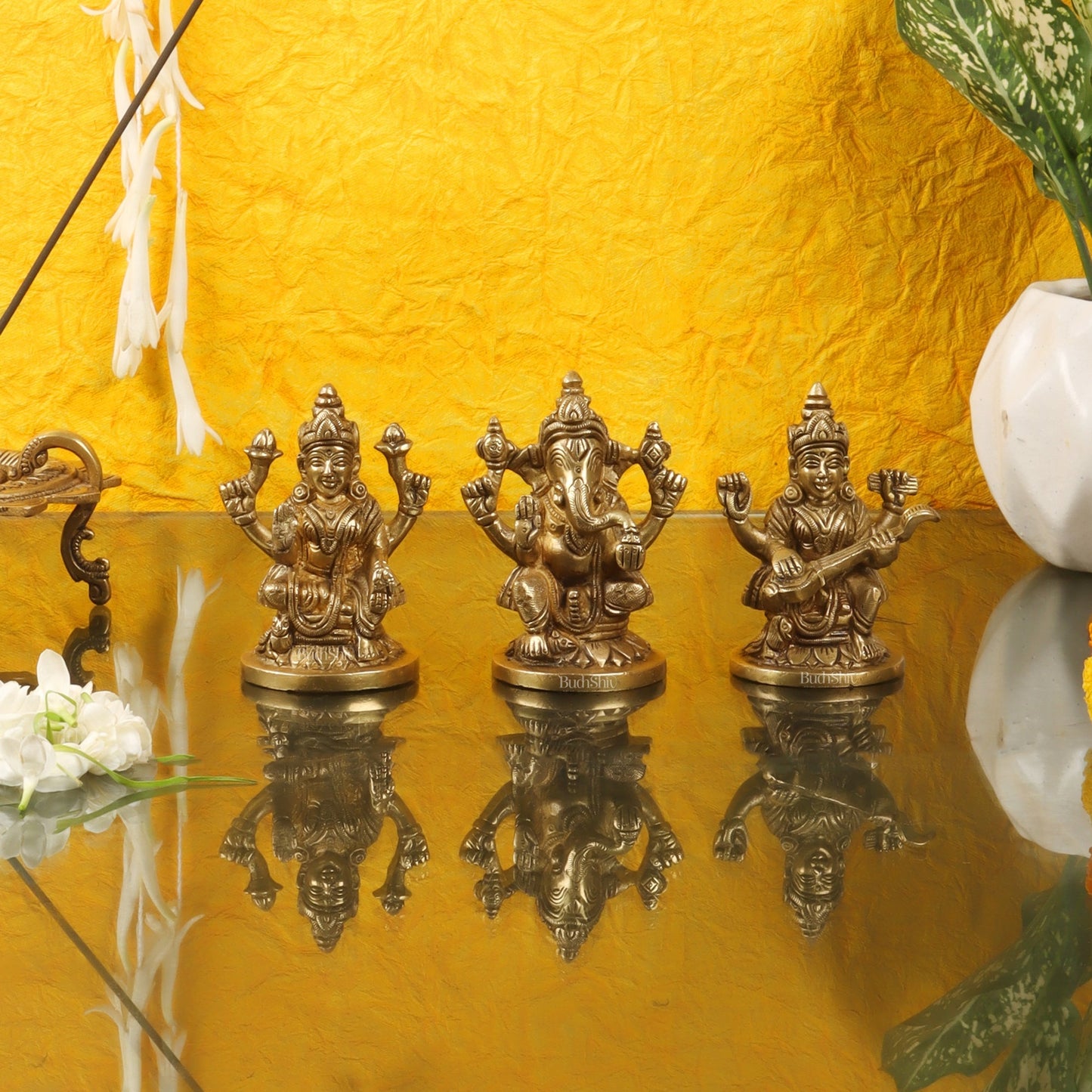 Superfine Brass Ganesha, Lakshmi, Saraswati Idols 3.5 "