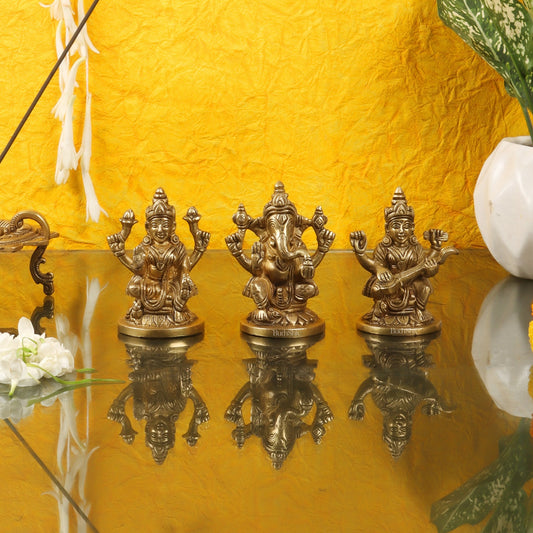 Superfine Brass Ganesha, Lakshmi, Saraswati Idols 3.5 "