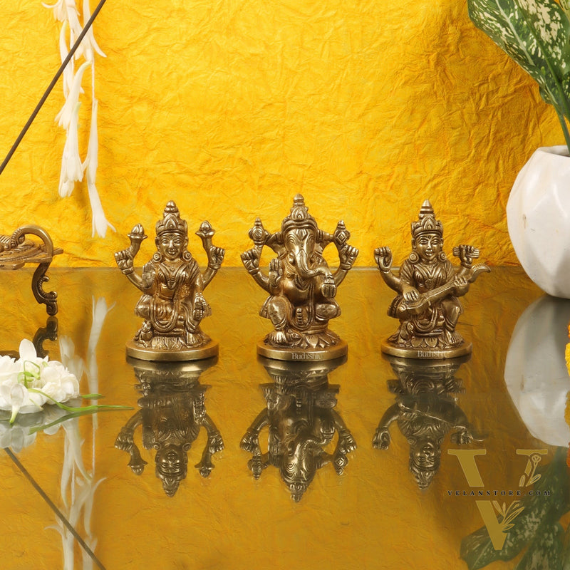 Superfine Brass Ganesha, Lakshmi, Saraswati Idols 3.5 "