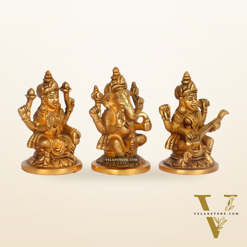 Superfine Brass Ganesha, Lakshmi, Saraswati Idols 3.5 "