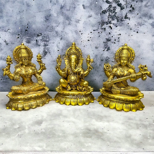 Superfine Brass Ganesha Lakshmi Saraswati Idols on Lotus Base 11 inch