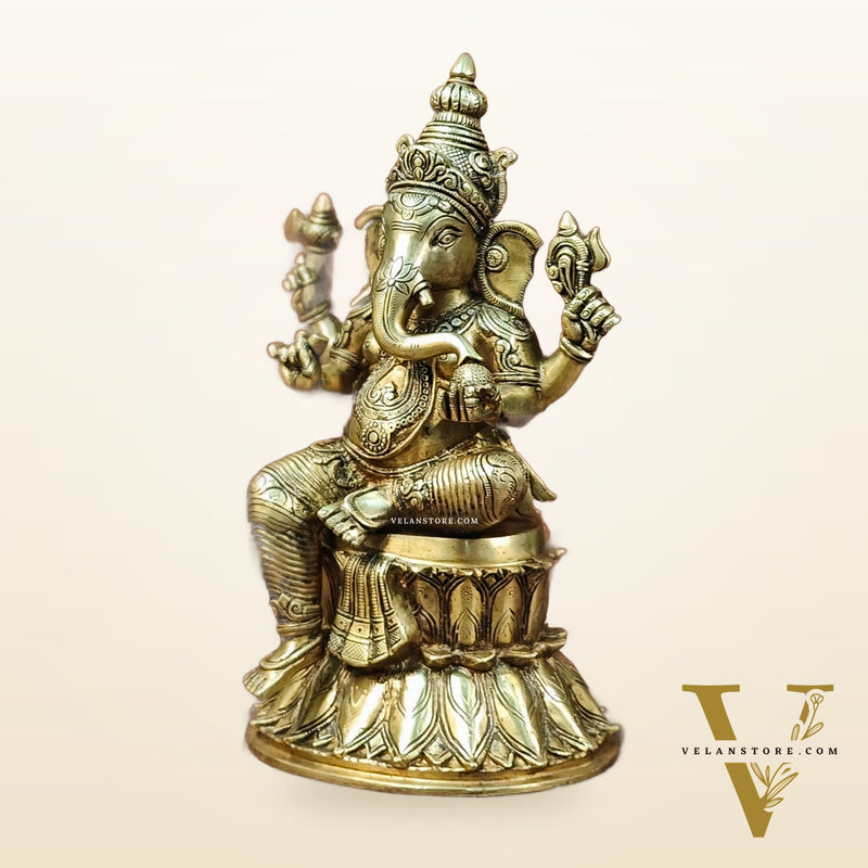 Superfine Brass Ganesha Statue - Golden Tone, 14.5" Height