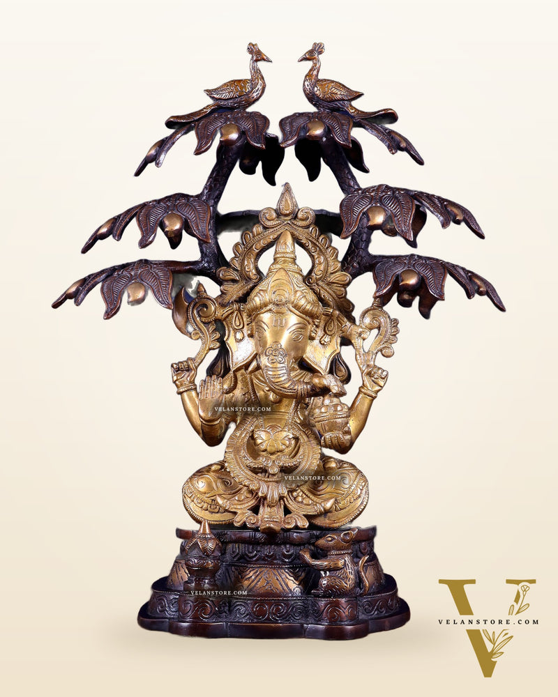 Superfine Brass Ganesha Statue Under Mango Tree | Height 17 inch