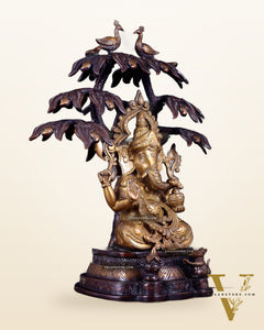 Superfine Brass Ganesha Statue Under Mango Tree | Height 17 inch