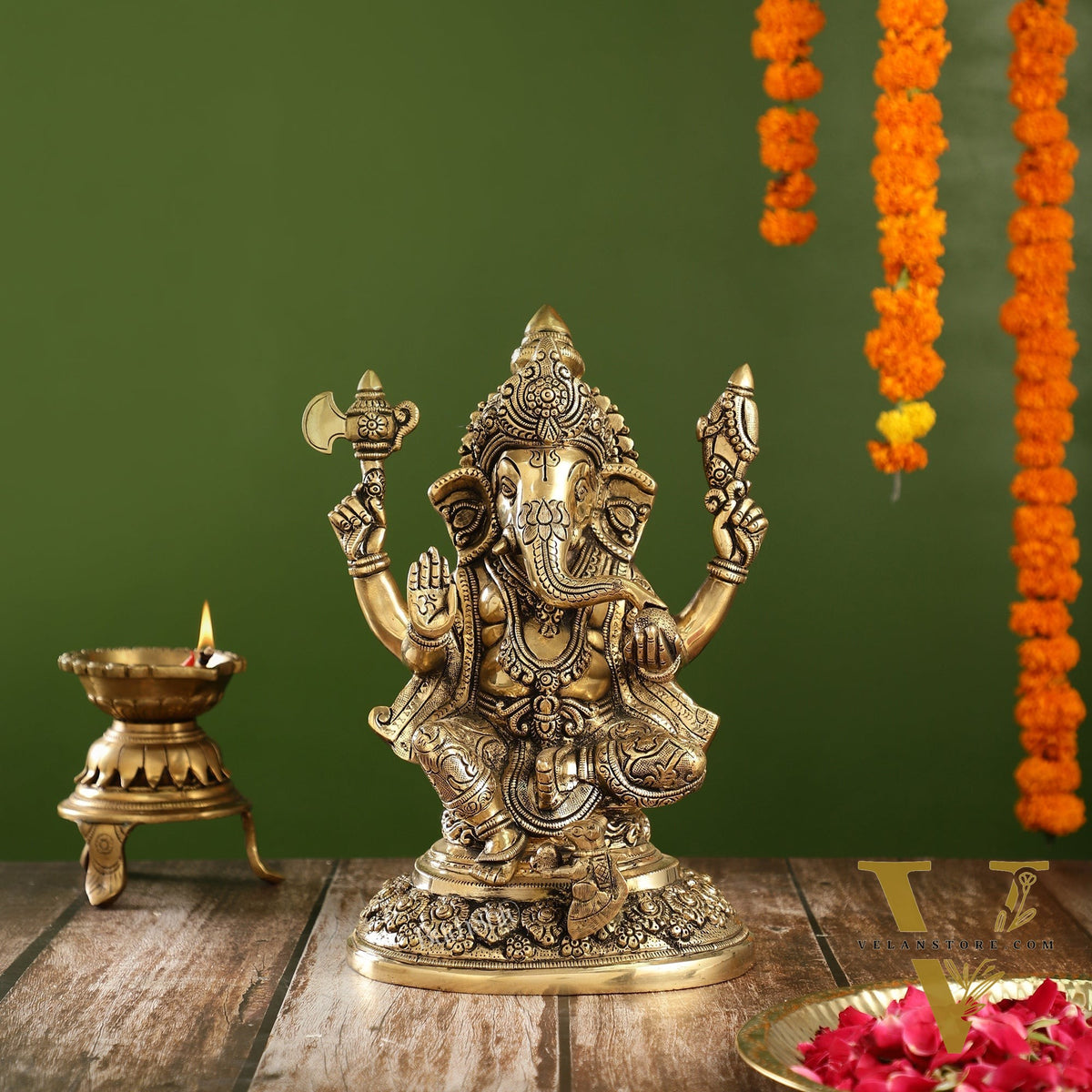 Superfine Brass Ganesha Statue with Intricate Carvings | 12" Height
