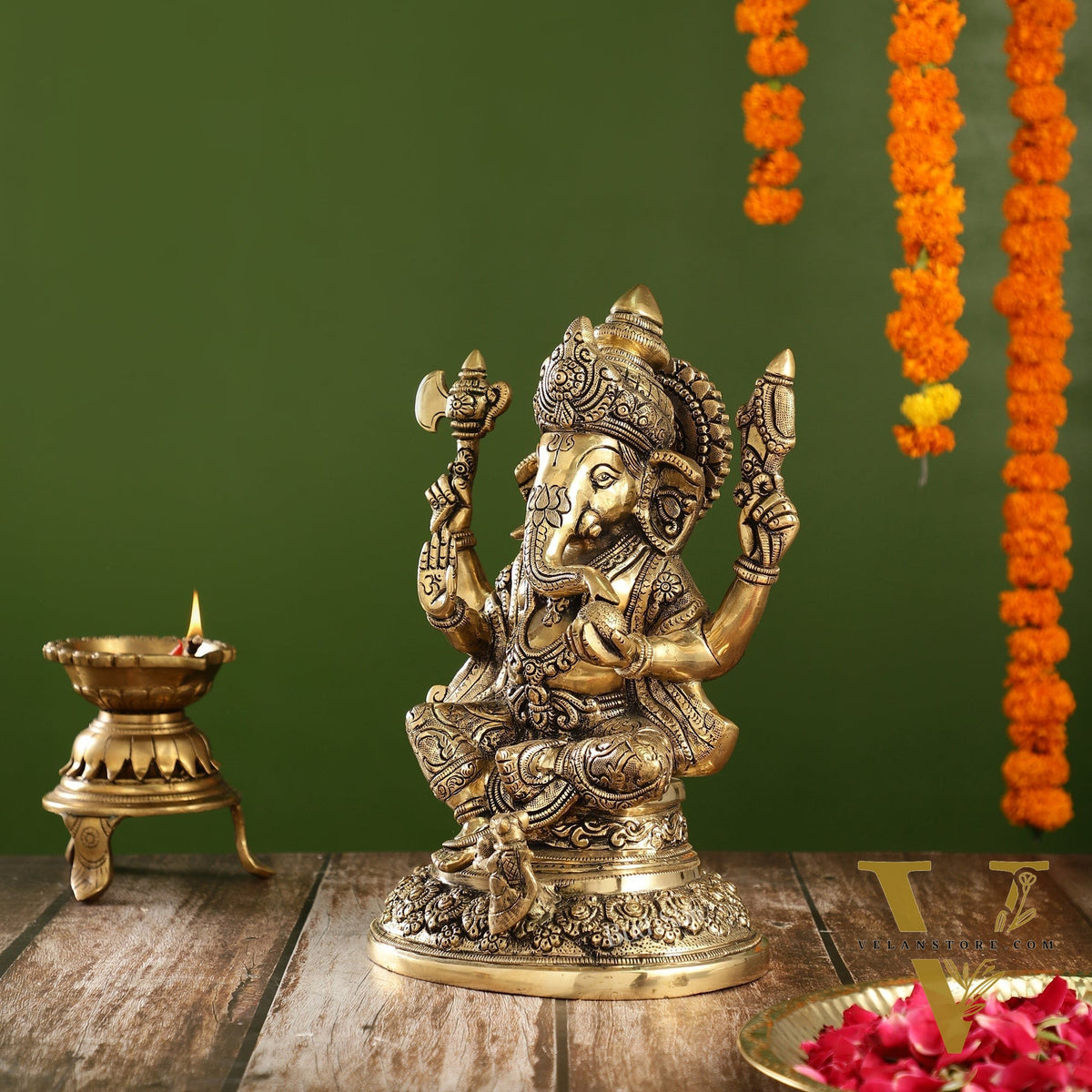 Superfine Brass Ganesha Statue with Intricate Carvings | 12" Height