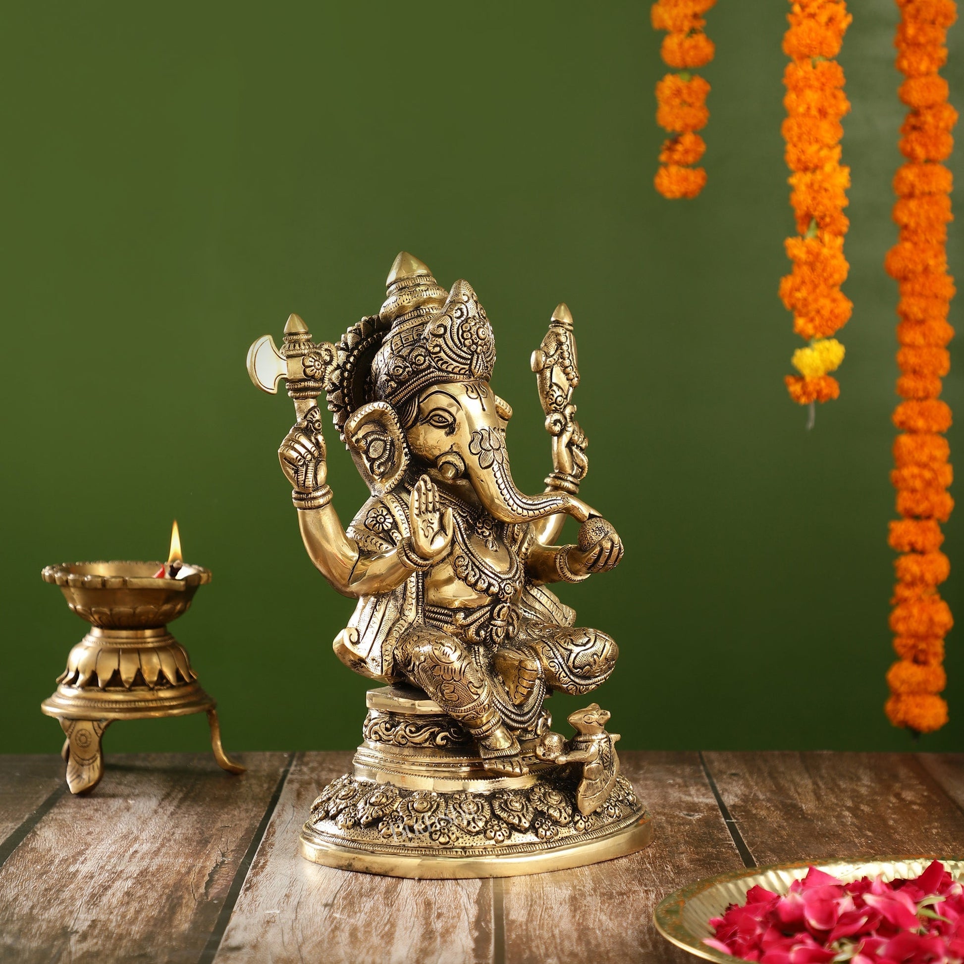 Superfine Brass Ganesha Statue with Intricate Carvings | 12" Height