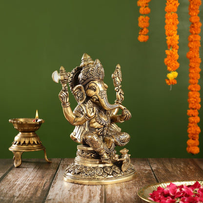 Superfine Brass Ganesha Statue with Intricate Carvings | 12" Height