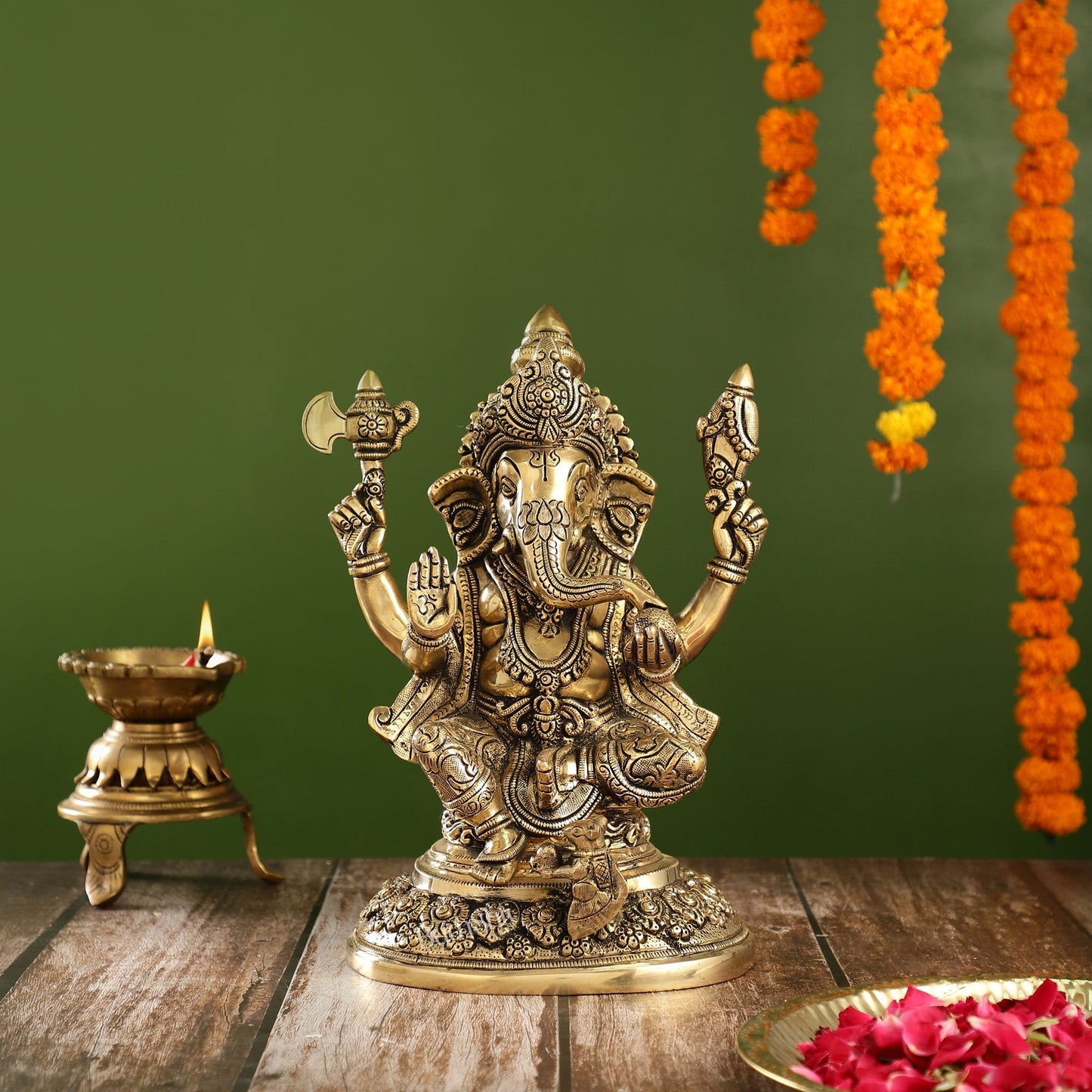 Superfine Brass Ganesha Statue with Intricate Carvings | 12" Height