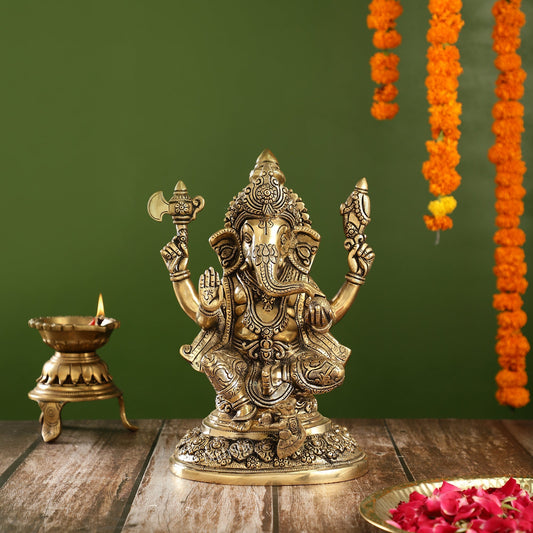 Superfine Brass Ganesha Statue with Intricate Carvings | 12" Height
