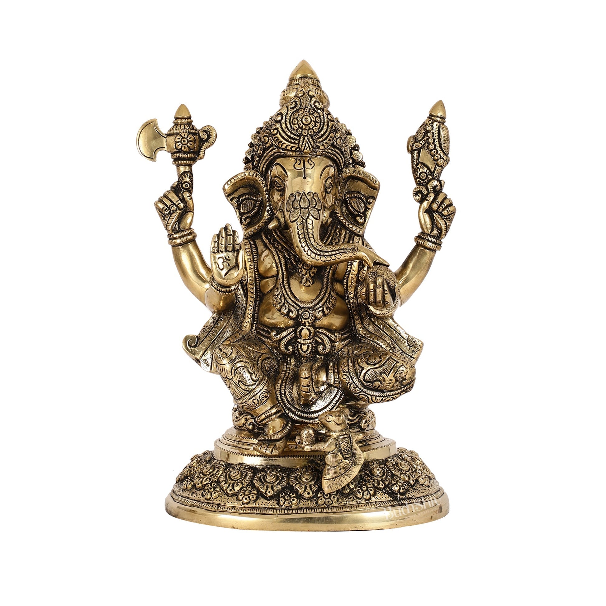 Superfine Brass Ganesha Statue with Intricate Carvings | 12" Height