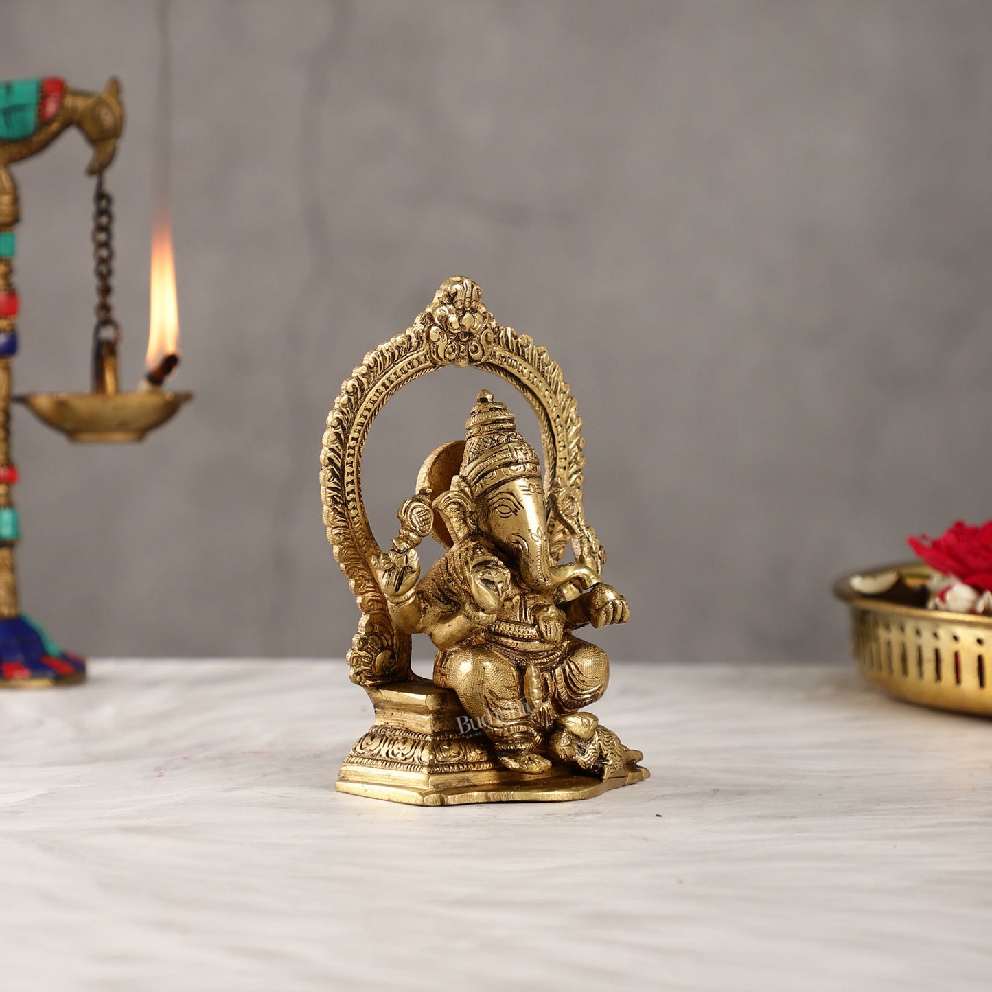 Superfine Brass Ganesha Statue with Prabhavali Frame - 5 inch