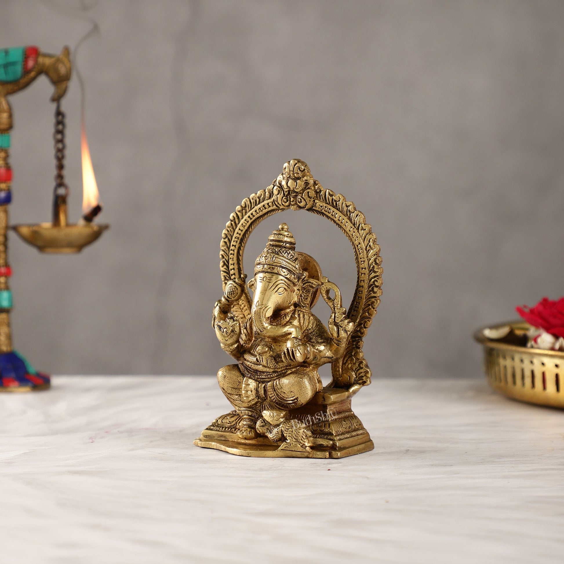 Superfine Brass Ganesha Statue with Prabhavali Frame - 5 inch